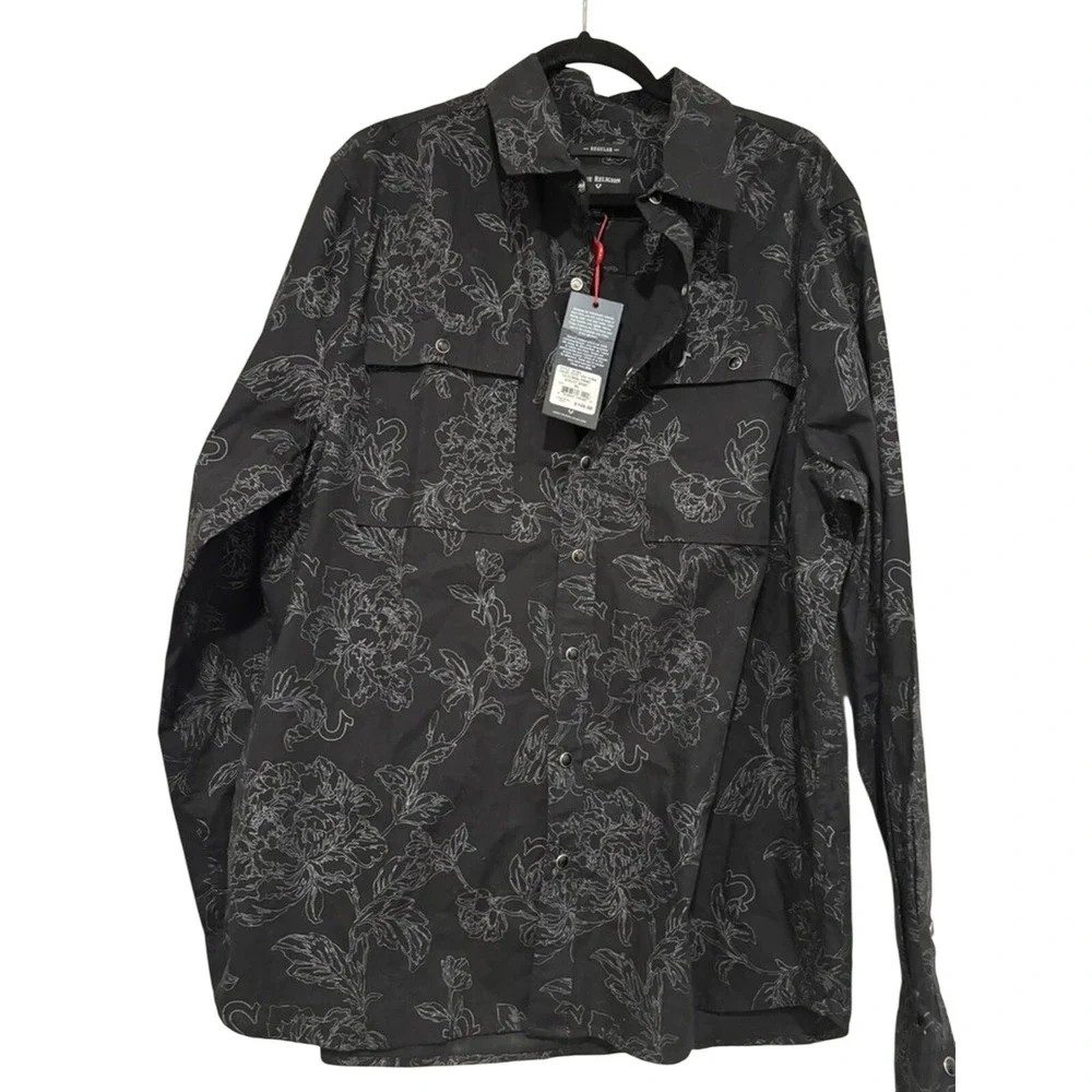 Men's True Religion sz XL black button down shirt floral design #1218 new w/ tag